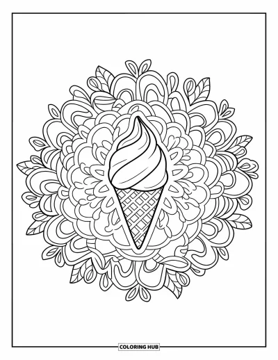 Coloriage de glaces d'été pour adultes : Un mandala botanique avec un cornet de glace molle en son cœur feuillu et détaillé