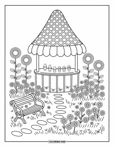 Coloriage de glaces d'été pour adultes : Un charmant stand de glaces en forme de cornet égaye une belle journée ensoleillée