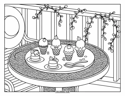 Coloriage de glaces d'été pour adultes : Une terrasse douillette accueille de petites gourmandises glacées et un chapeau de paille à côté de lianes grimpantes