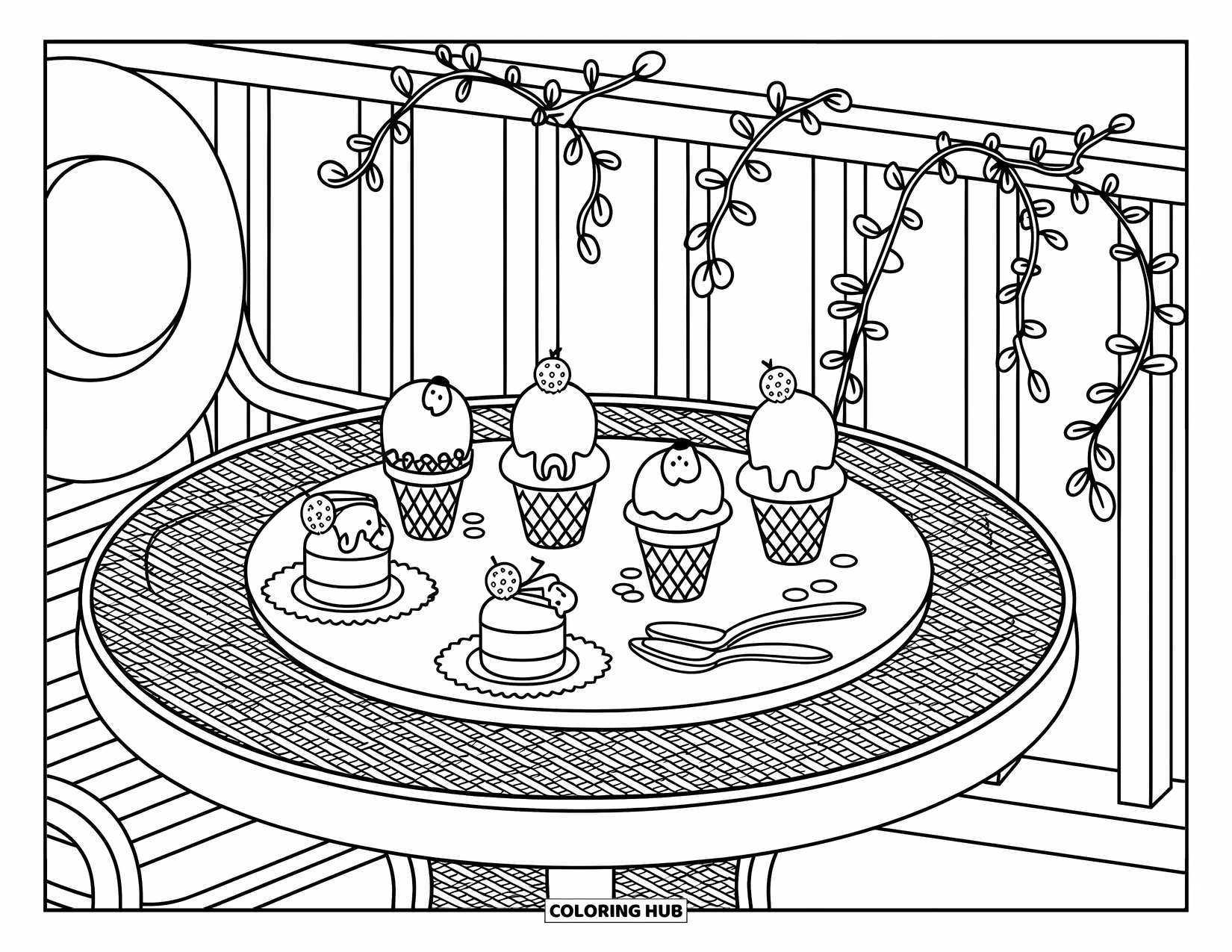 Summer Ice Cream Coloring Page for Adults: A cozy patio table holds tiny ice cream treats and a sunhat beside climbing vines