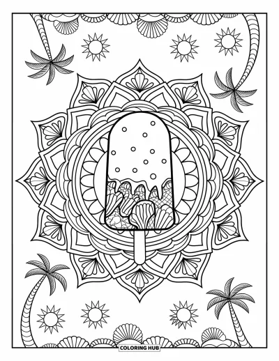 Coloriage de glaces d'été pour adultes : Un mandala d'été détaillé avec une sucette glacée au cœur de motifs tropicaux