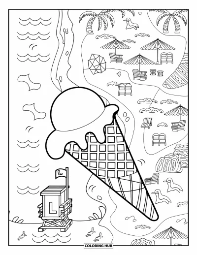 Coloriage de glaces d'été pour adultes : Un cornet de glace qui dégouline surplombe une plage à motifs avec des parasols et des vagues