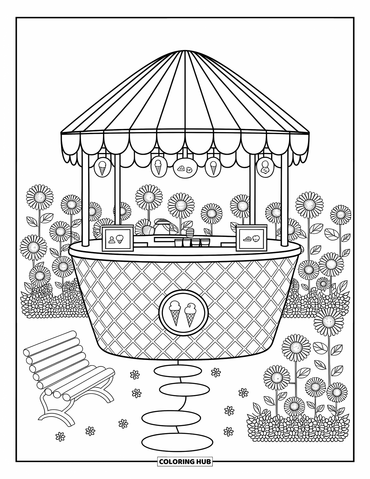 Summer Ice Cream Coloring Page for Adults: A garden ice cream stand shaped like a cone glows among flowers and sunshine