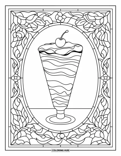 Coloriage de glaces d'été pour adultes : Un parfait en couches encadré par des bordures vitrail de fleurs et de feuilles