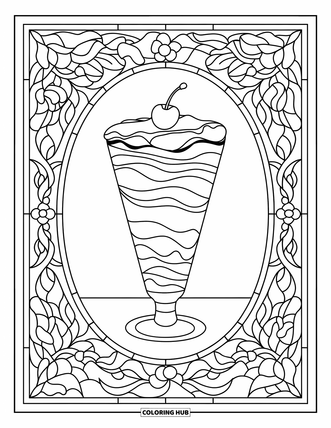 Summer Ice Cream Coloring Page for Adults: A layered parfait encased in stained glass borders of flowers and leaves