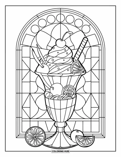 Coloriage de glaces d'été pour adultes : Un verre à sundae en couches entouré de cercles et de triangles façon vitrail