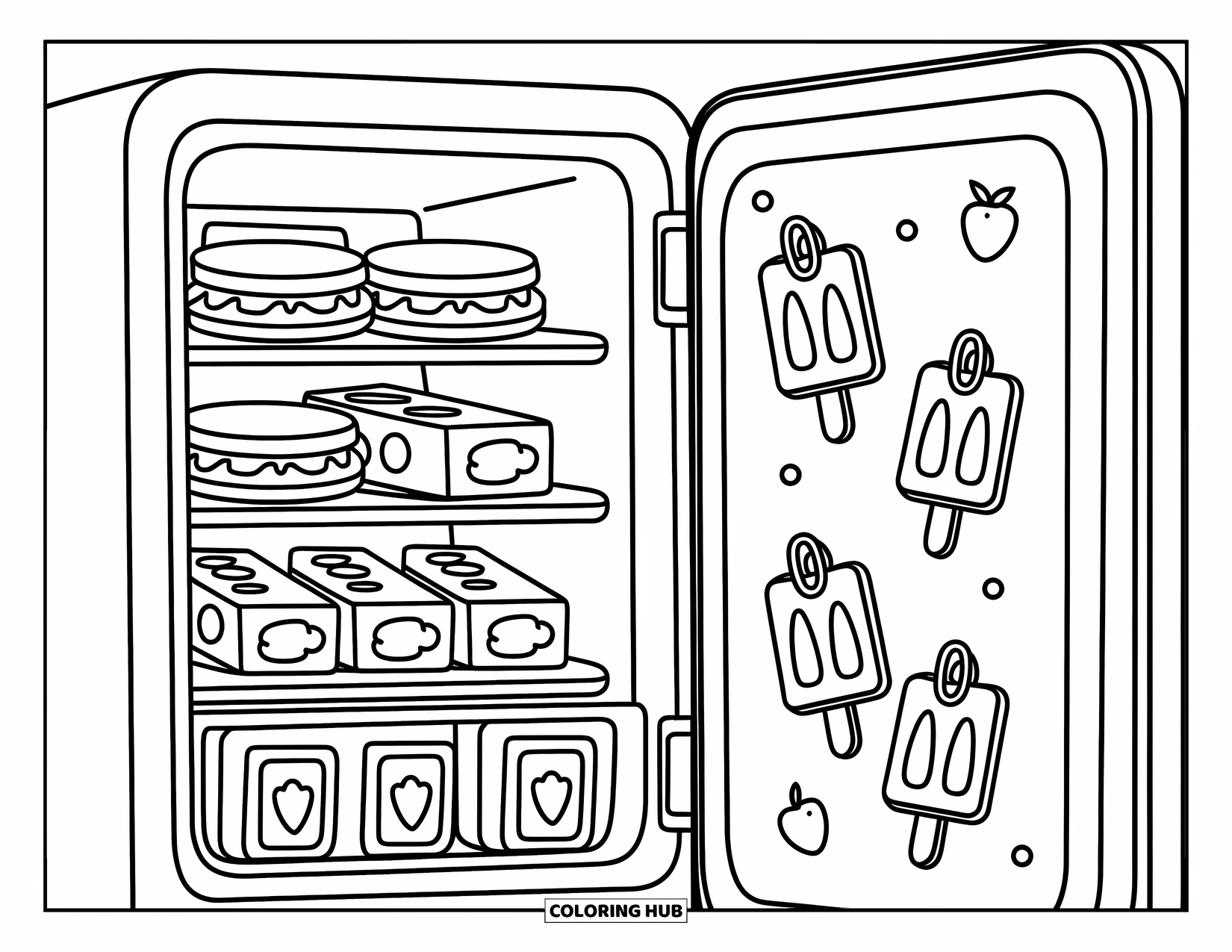Summer Ice Cream Coloring Page for Adults: A nostalgic freezer filled with popsicles and ice cream bars sparkles with frost