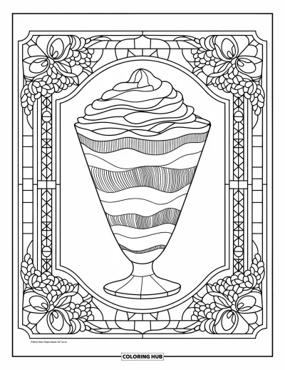 Coloriage de glaces d'été pour adultes : Un parfait garni de toppings dans un cadre vitrail aux motifs floraux
