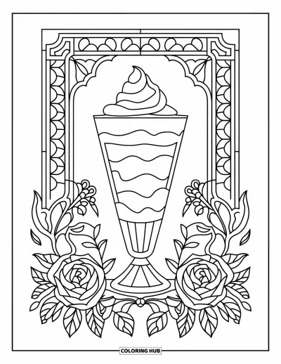 Coloriage de glaces d'été pour adultes : Un parfait entouré de bordures florales et de motifs vitrail