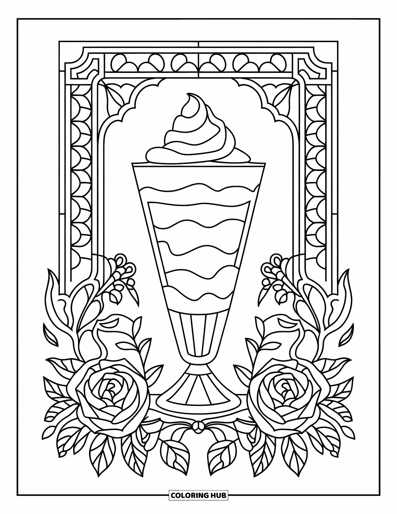 Summer Ice Cream Coloring Page for Adults: A parfait surrounded by floral borders and stained glass designs
