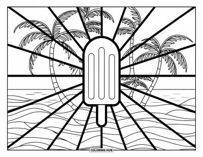 Coloriage de glaces d'été pour adultes : Une sucette glacée encadrée de palmiers et de vagues océanes dans des formes vitrail lumineuses