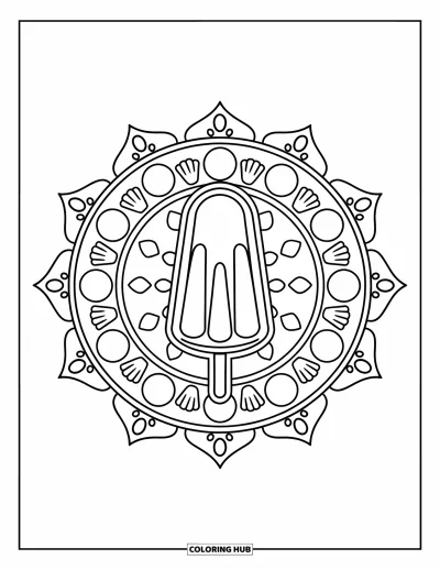 Coloriage de glaces d'été pour adultes : Une sucette glacée au centre d'un mandala estival avec des motifs de soleil et de coquillages
