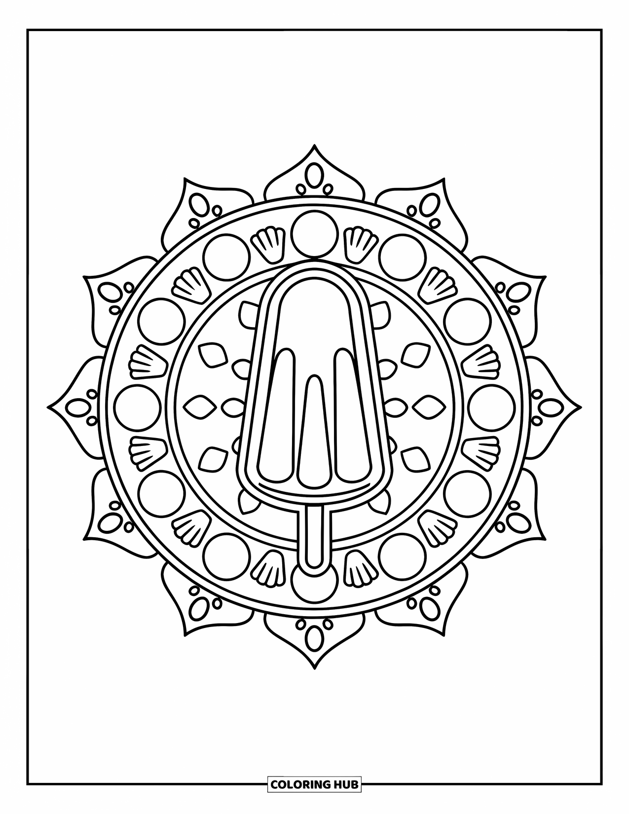 Summer Ice Cream Coloring Page for Adults: A popsicle framed inside a summer mandala with sun and seashell patterns