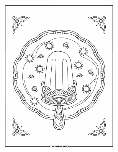 Coloriage de glaces d'été pour adultes : Une sucette glacée au centre d'un mandala de soleils, coquillages et arabesques