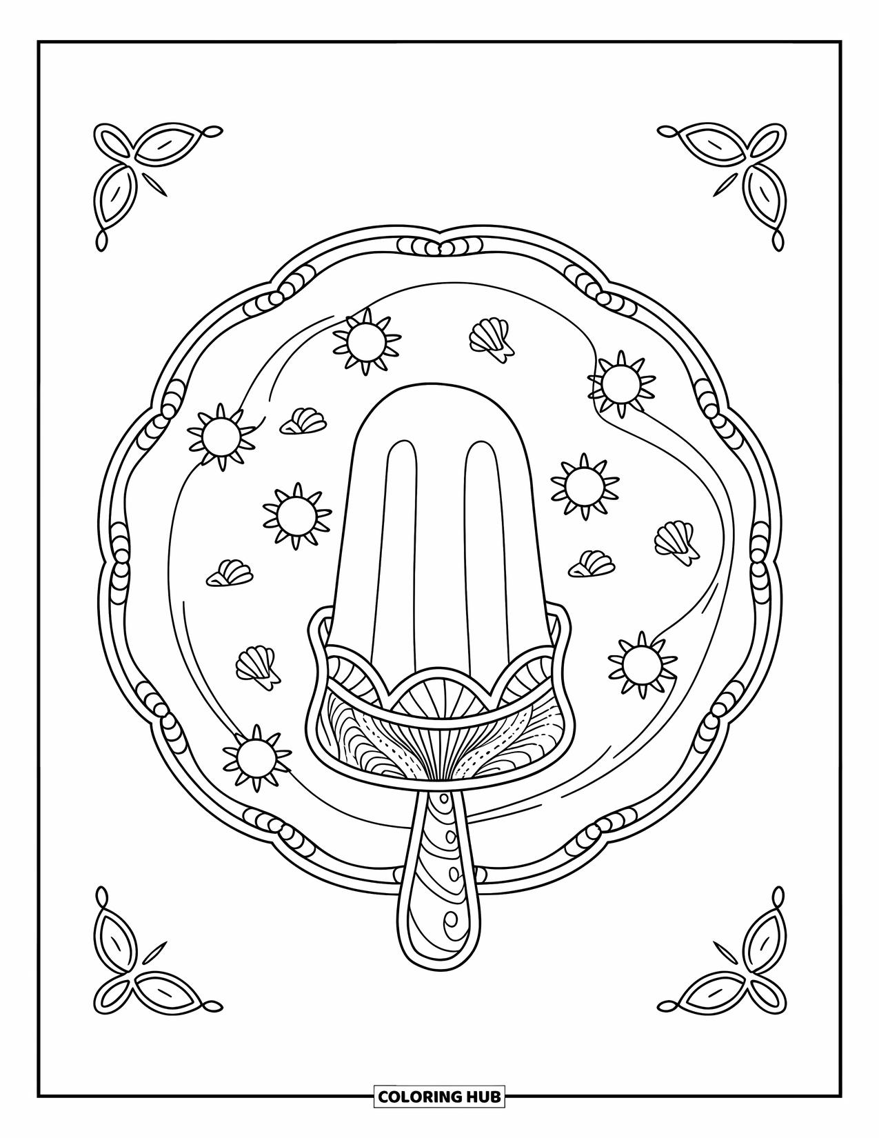 Summer Ice Cream Coloring Page for Adults: A popsicle sits inside a mandala of suns, seashells, and swirling details