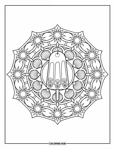Coloriage de glaces d'été pour adultes : Une sucette glacée avec une cerise au cœur d'un mandala de soleils et de coquillages