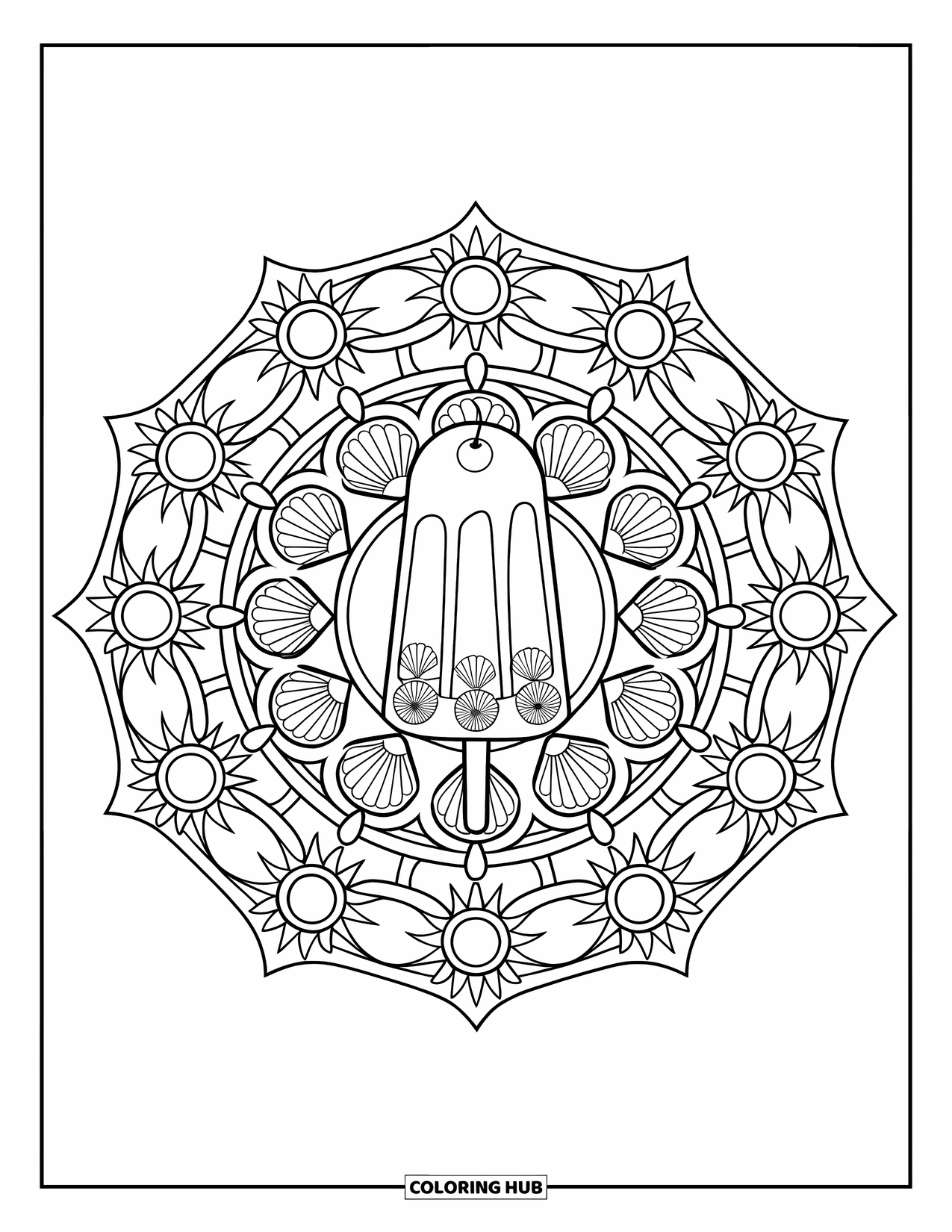 Summer Ice Cream Coloring Page for Adults: A popsicle with a cherry at the center of a sun and seashell mandala