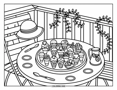 Coloriage de glaces d'été pour adultes : Une table ronde en terrasse offre de mini gourmandises glacées avec des baies, des gaufrettes et une lumière dorée
