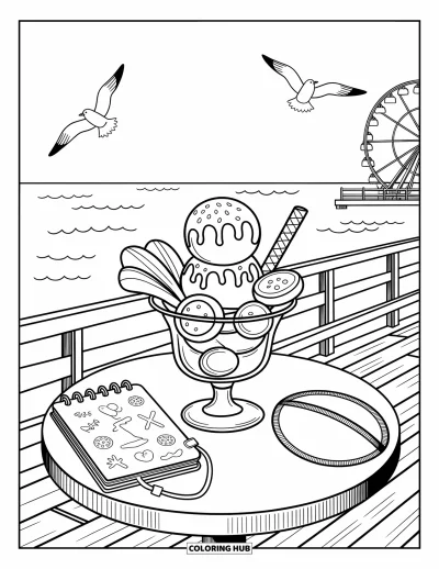 Coloriage de glaces d'été pour adultes : Une table au bord de la mer avec de la glace, des croquis et une grande roue en arrière-plan