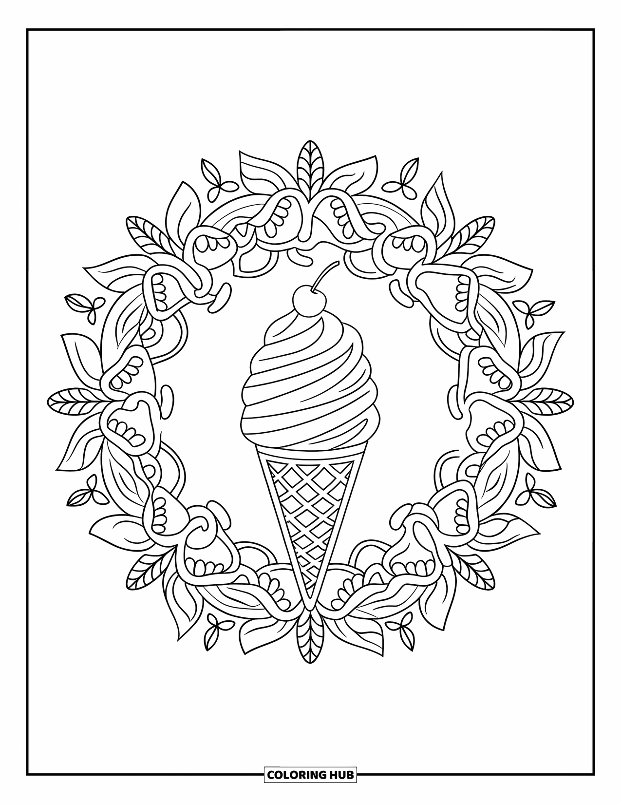 Summer Ice Cream Coloring Page for Adults: A soft-serve cone rests in the center of a leafy botanical mandala