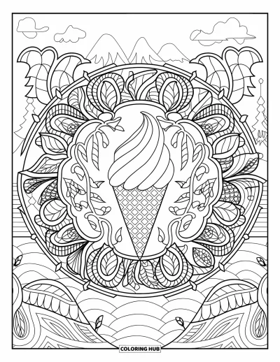 Coloriage de glaces d'été pour adultes : Un cornet de glace molle entouré de lianes et de feuilles dessinées dans une composition circulaire