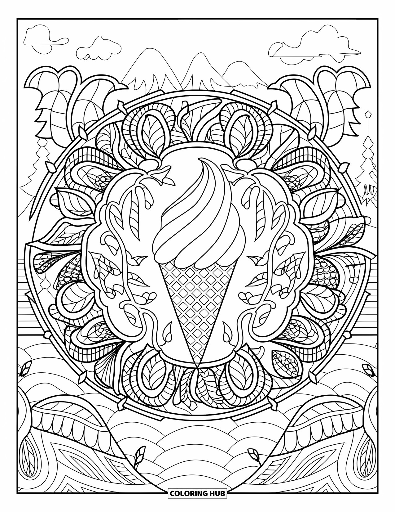 Summer Ice Cream Coloring Page for Adults: A soft-serve cone surrounded by detailed vines and leaves in circular form