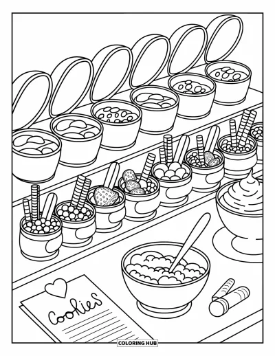 Coloriage de glaces d'été pour adultes : Un comptoir à sundaes aligné de coupes, de garnitures et de crème chantilly à l'ambiance accueillante