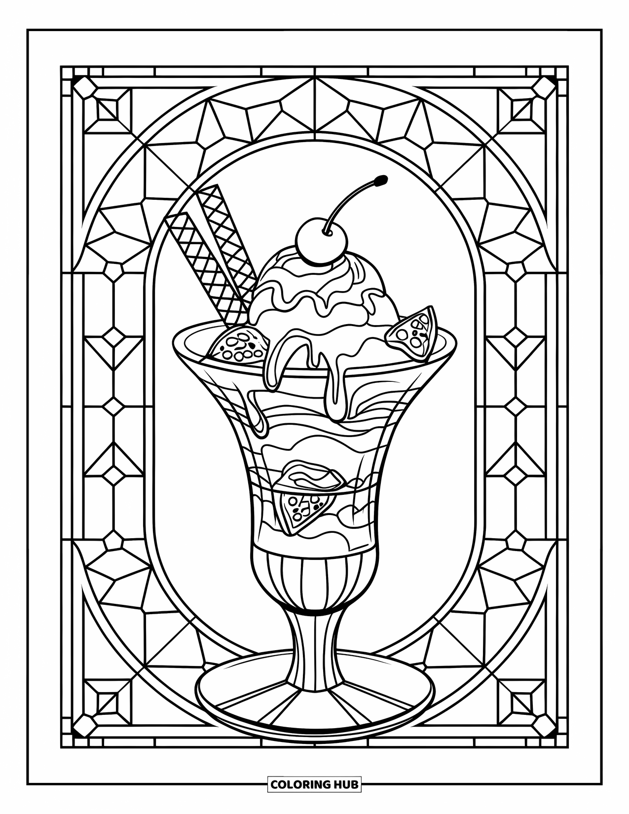 Summer Ice Cream Coloring Page for Adults: A sundae topped with cream and fruit sits within a geometric border