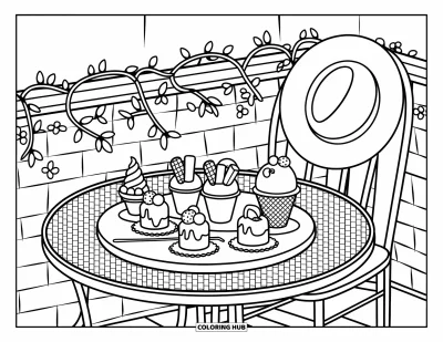 Coloriage de glaces d'été pour adultes : Une terrasse baignée de lumière présente de petites coupes et cornets de glace parmi des lianes et une décoration douce