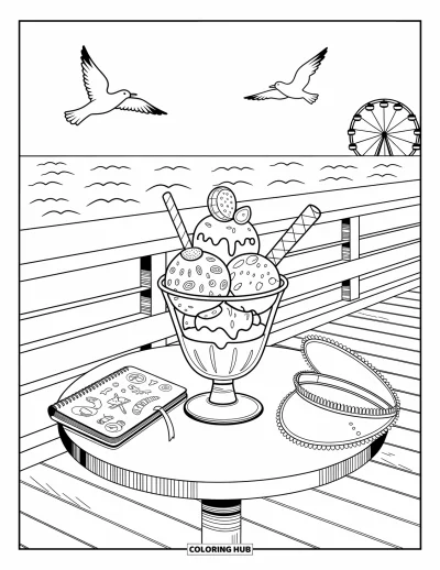 Coloriage de glaces d'été pour adultes : Une table sur le lungomare ensoleillé avec une coupe glacée et des croquis de plage