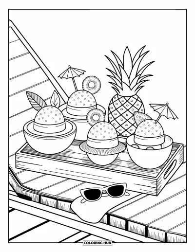 Coloriage de glaces d'été pour adultes : Un plateau au bord de la piscine propose de la glace servie dans des écorces de fruits à côté de lunettes de soleil