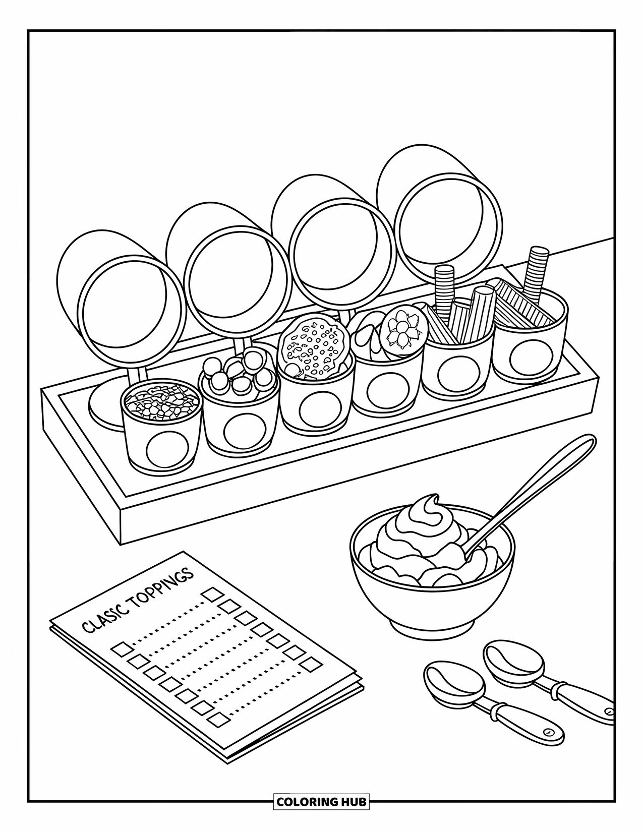Summer Ice Cream Coloring Page for Adults: A tabletop sundae setup with fruit, sprinkles, and wafer jars shines warmly