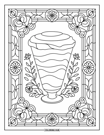 Coloriage de glaces d'été pour adultes : Un grand parfait encadré par d'élégants détails vitrail floraux