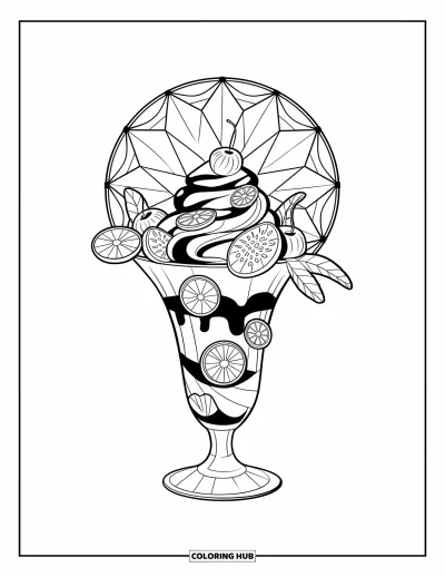Coloriage de glaces d'été pour adultes : Un grand verre à sundae encadré de motifs vitrail géométriques et de fruits