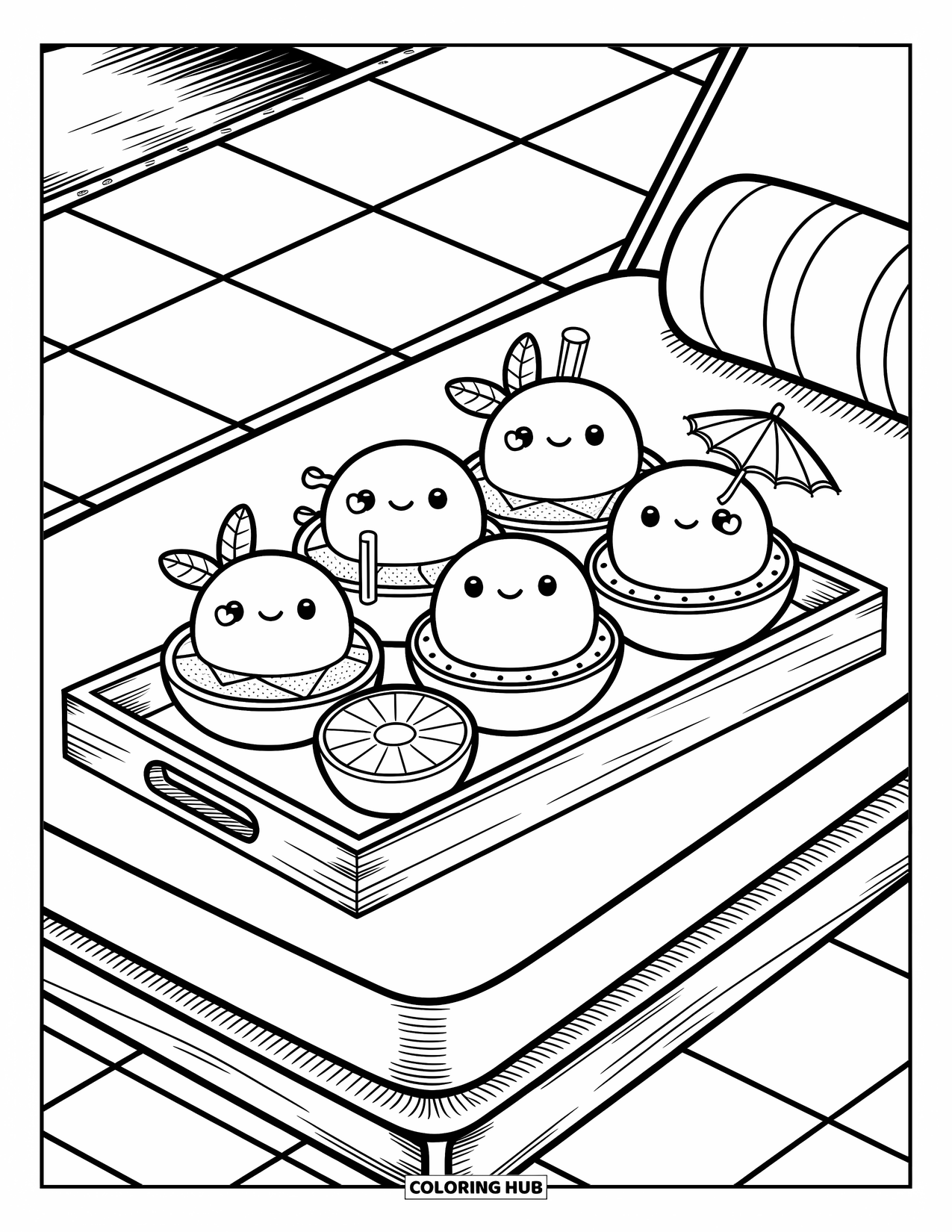 Summer Ice Cream Coloring Page for Adults: A tray of ice cream scoops served in fruit shells rests by the pool