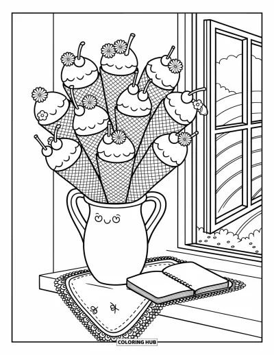 Coloriage de glaces d'été pour adultes : Un vase sur le rebord d'une fenêtre contient des cornets de glace surmontés de cerises et de copeaux de chocolat