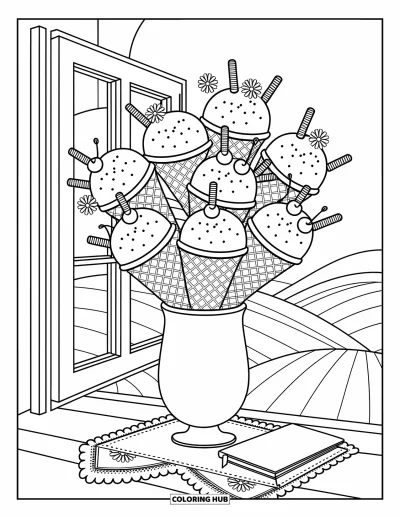 Coloriage de glaces d'été pour adultes : Un bouquet de glaces illuminé par le soleil à côté d'un carnet sur le rebord d'une fenêtre
