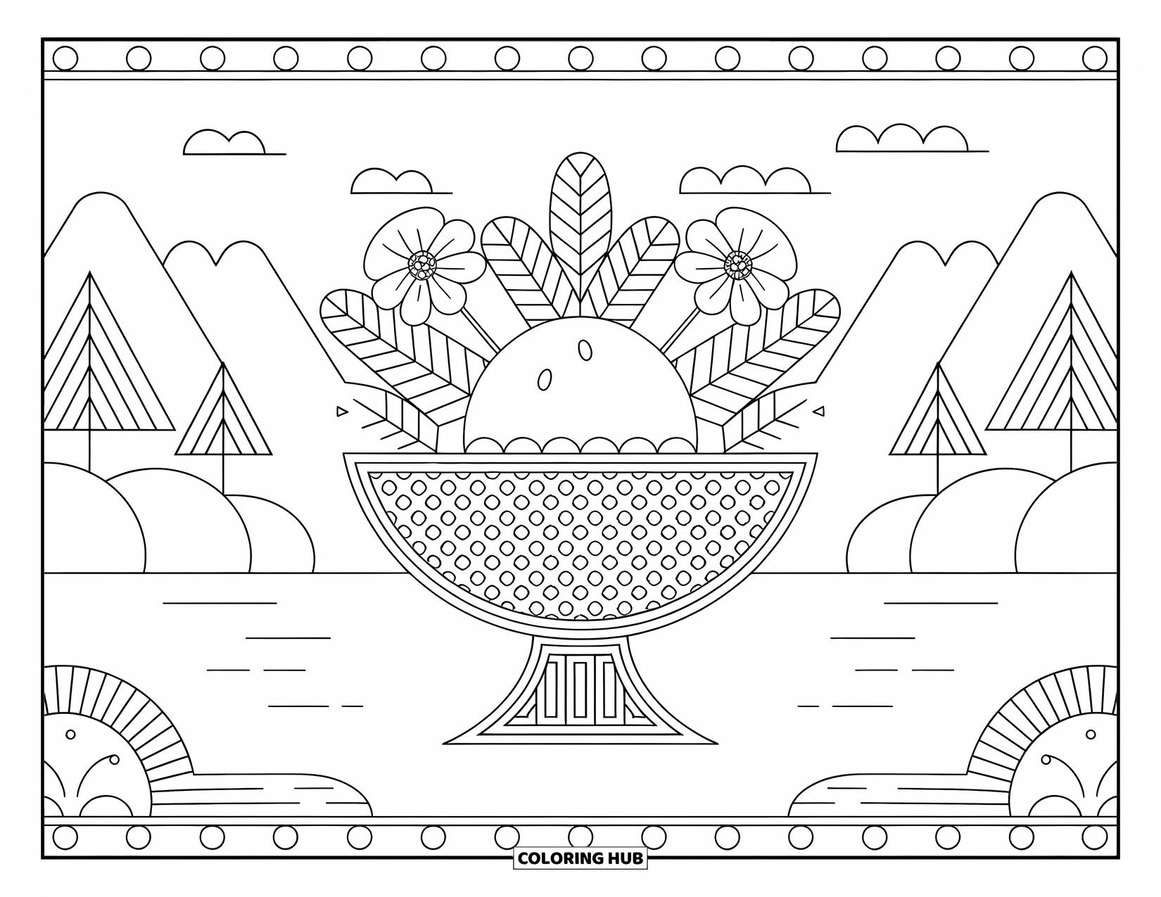 Summer Ice Cream Coloring Page for Adults: An ice cream bowl decorated with flowers sits before a scenic mountain view