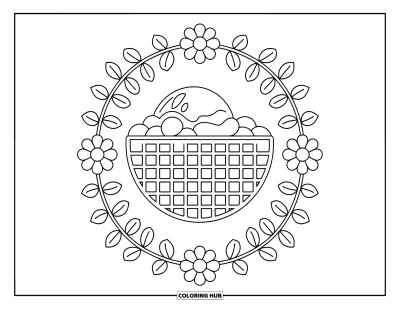 Coloriage de glaces d'été pour adultes : Un cornet gaufré rempli de glace entouré de motifs floraux symétriques