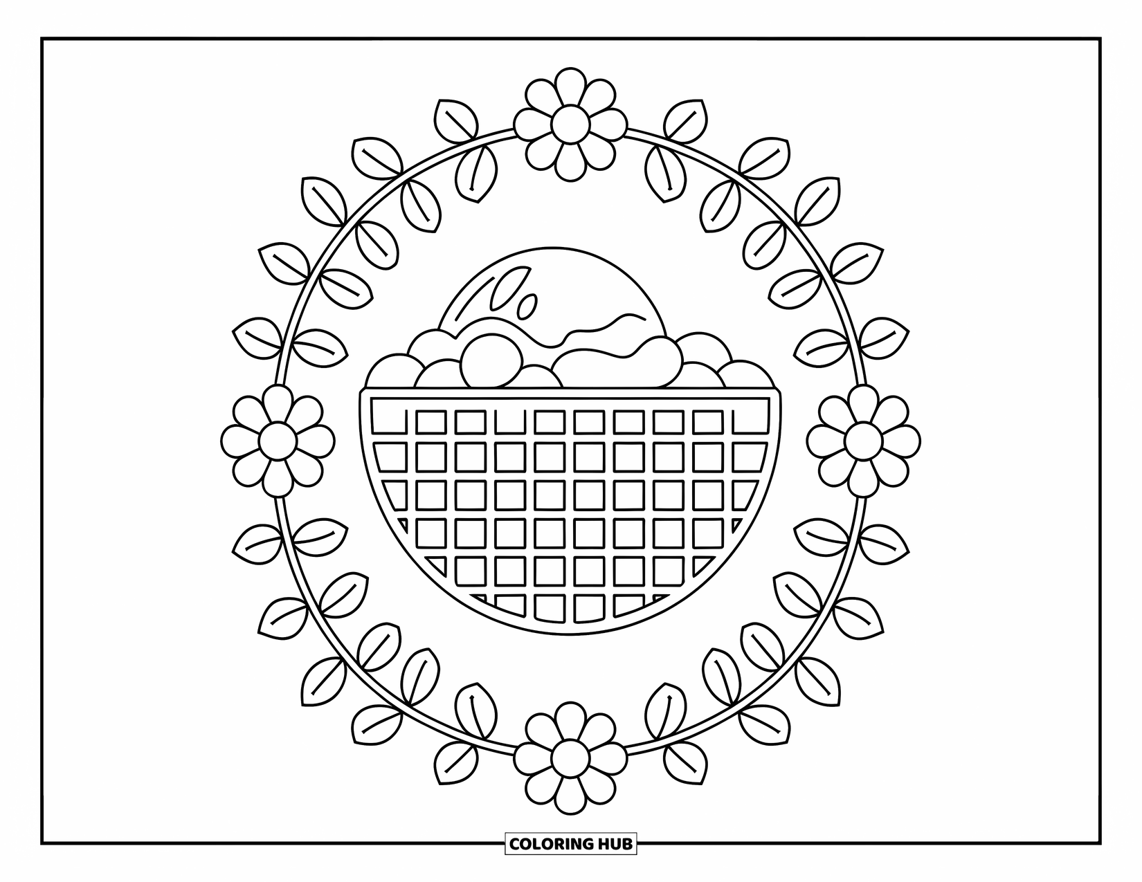 Summer Ice Cream Coloring Page for Adults: An ice cream-filled waffle bowl surrounded by symmetrical floral patterns