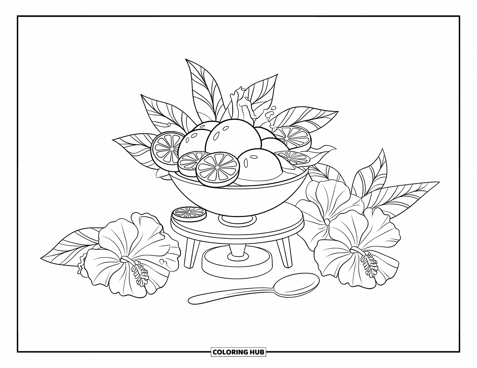 Summer Ice Cream Coloring Page for Kids: A bowl of ice cream surrounded by lemon slices and hibiscus flowers