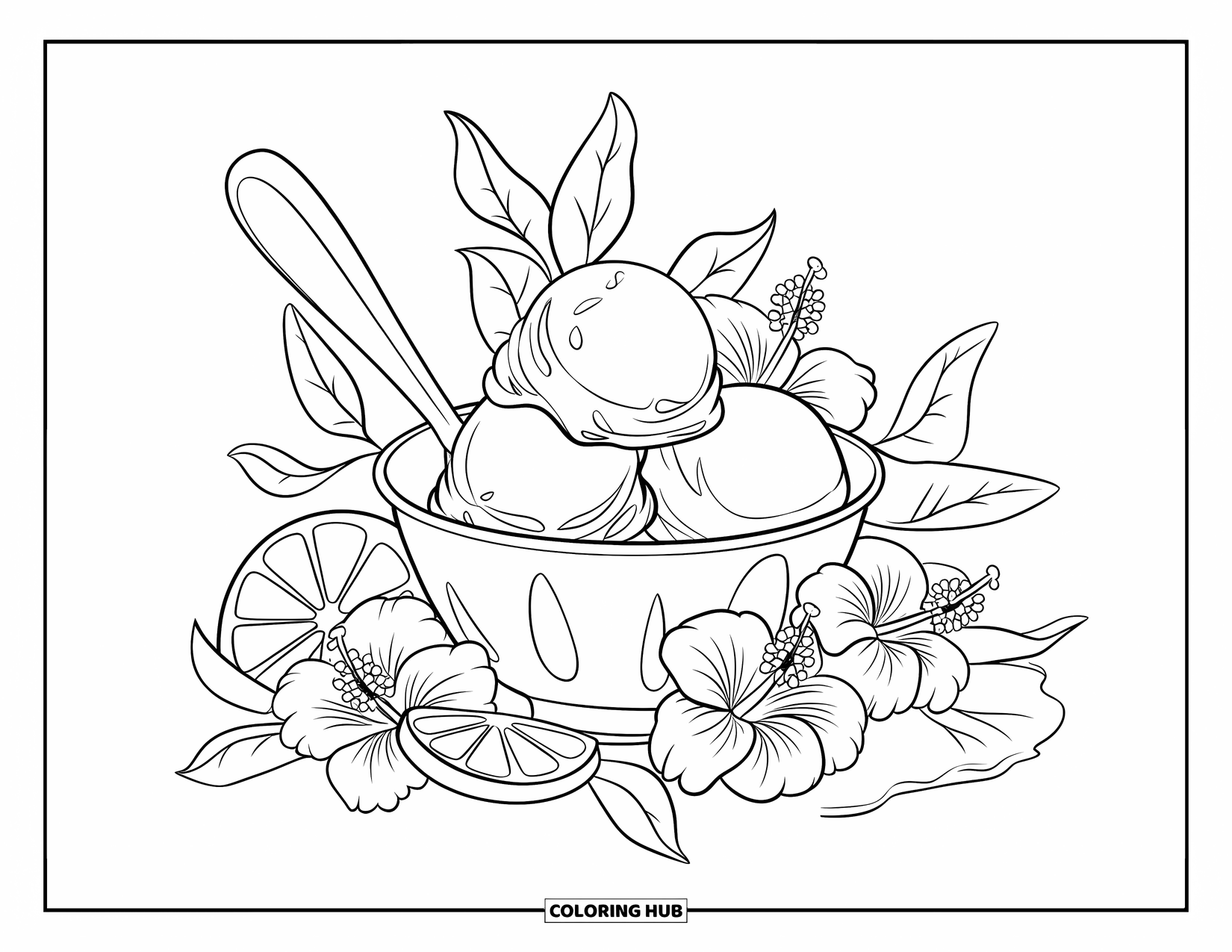 Summer Ice Cream Coloring Page for Kids: A bright bowl of ice cream with tropical flowers and lemon slices