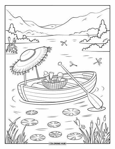 Coloriage de glaces d'été pour enfants : Un bateau paisible sur un lac transporte des coupes glacées, des cornets et un chapeau de soleil sous des libellules