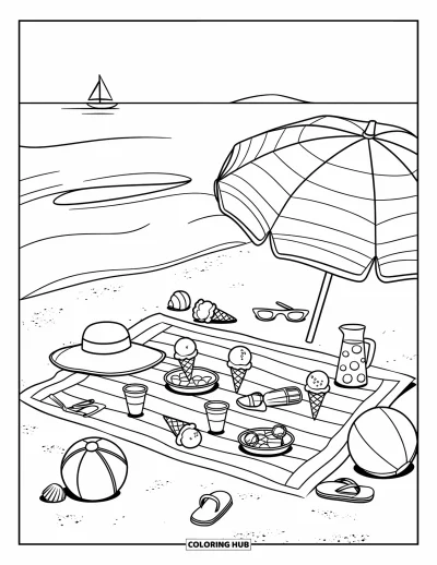 Coloriage de glaces d'été pour enfants : Une joyeuse serviette de plage avec de la glace, de la limonade et des coquillages