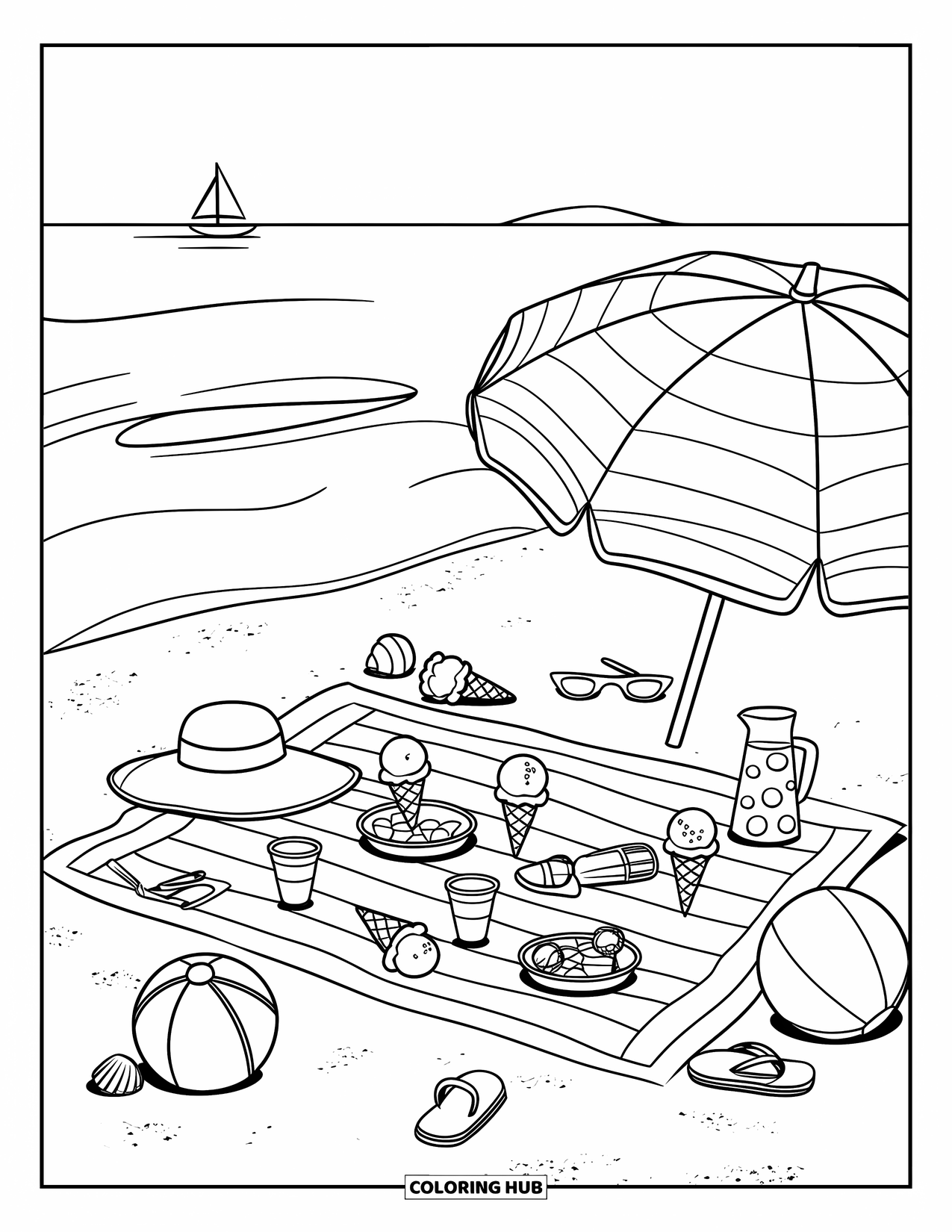 Summer Ice Cream Coloring Page for Kids: A cheerful beach blanket with ice cream, lemonade, and seashells