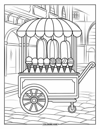 Coloriage de glaces d'été pour enfants : Un sympathique chariot de glaces rempli de cornets et de sucettes dans une rue animée
