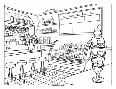 Coloriage de glaces d'été pour enfants : Un salon de glaces plein de vie avec des tabourets, des garnitures et des ardoises de saveurs