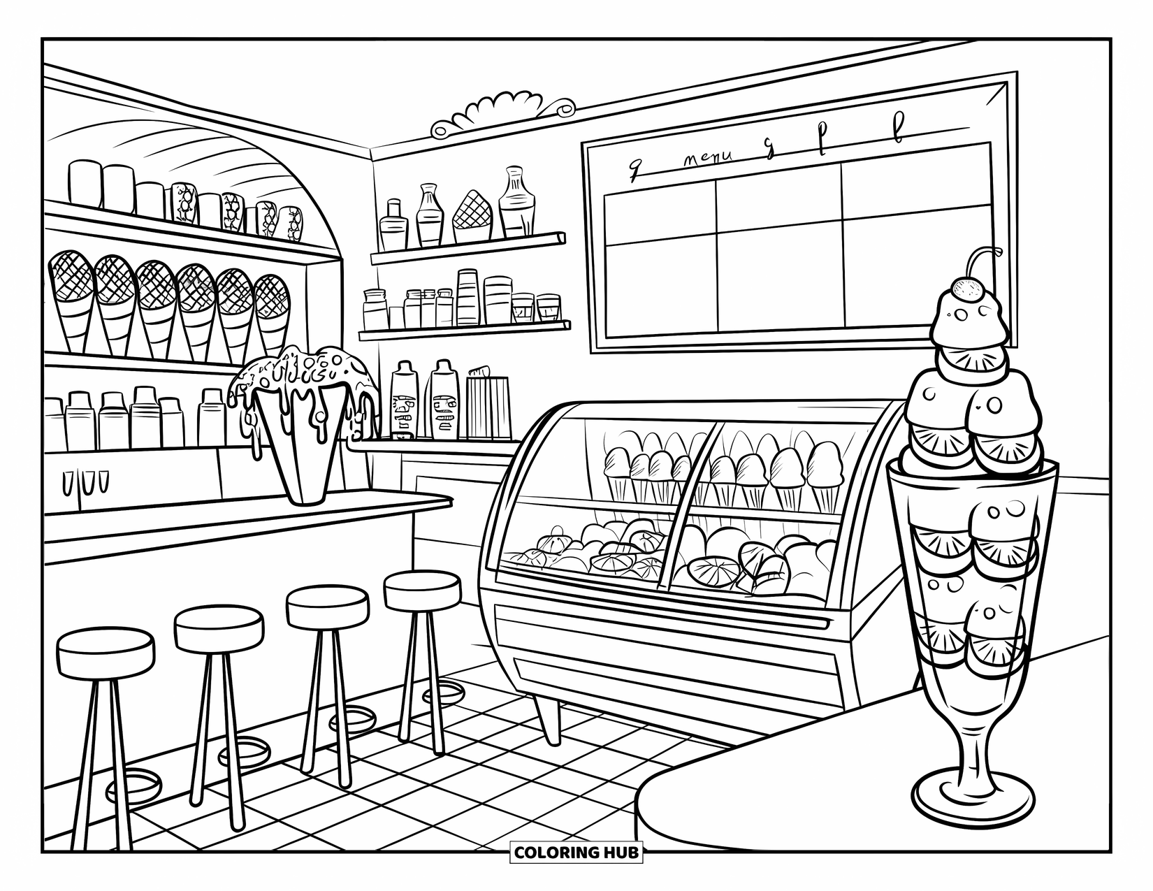Summer Ice Cream Coloring Page for Kids: A cheerful ice cream parlor with stools, toppings, and handwritten flavor signs
