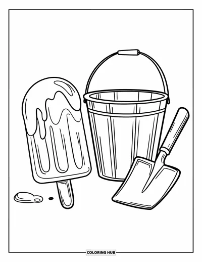 Coloriage de glaces d'été pour enfants : Une joyeuse sucette glacée et des jouets de plage sur du sable baigné de soleil