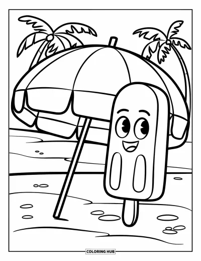 Coloriage de glaces d'été pour enfants : Une sucette glacée joyeuse sourit à côté d'un grand parasol et de palmiers